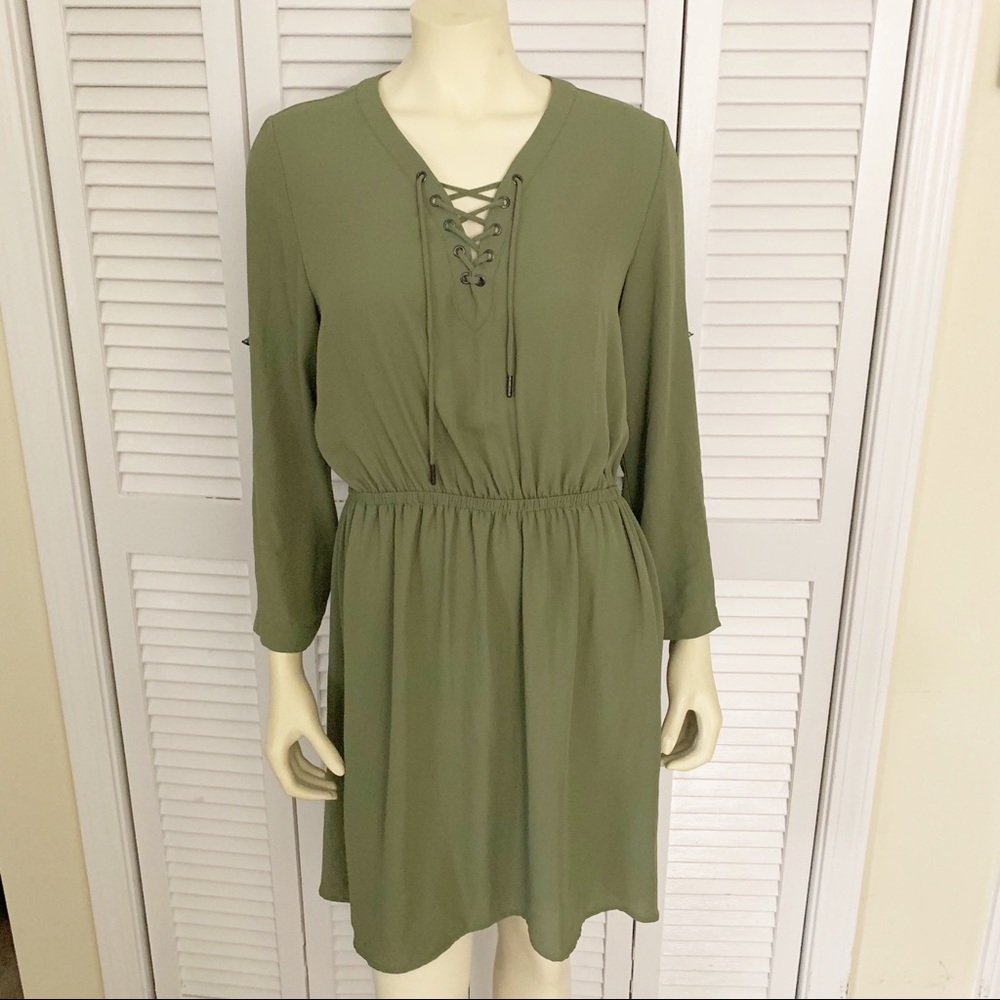 Mossimo Olive Green Lace Up Long Sleeve Dress M - Picture 8 of 8
